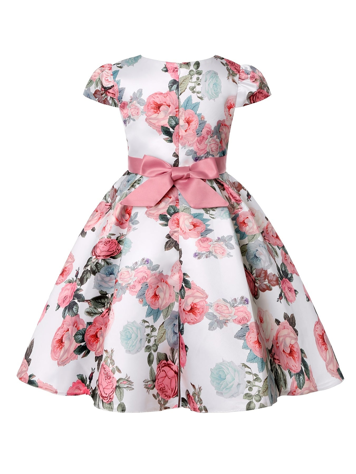 Girls Floral Print Midi Dress with Bowknot and Lace-up Details for Elegant Kids
