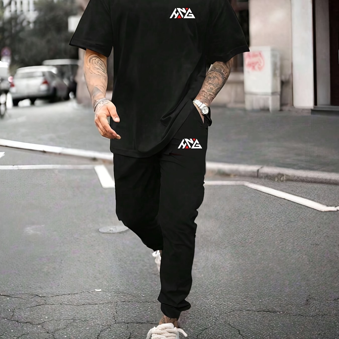 Men's Casual Summer T-Shirt and Joggers Set Polyester Stretchy Alphabet Print