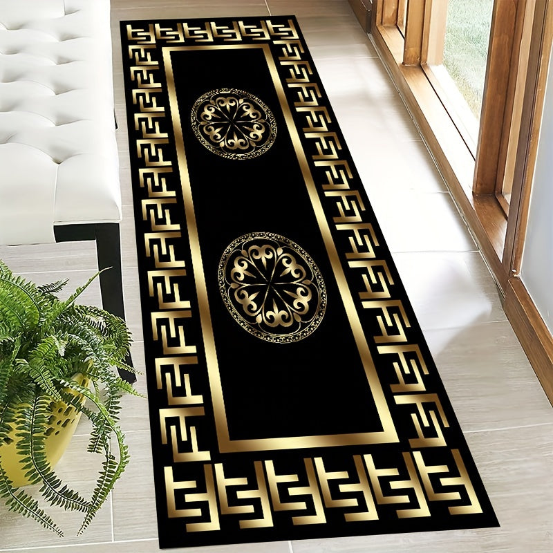 Elegant F-Pattern Runner Rug Golden Black Non-Slip Machine Washable Polyester Entryway Living Room Outdoor