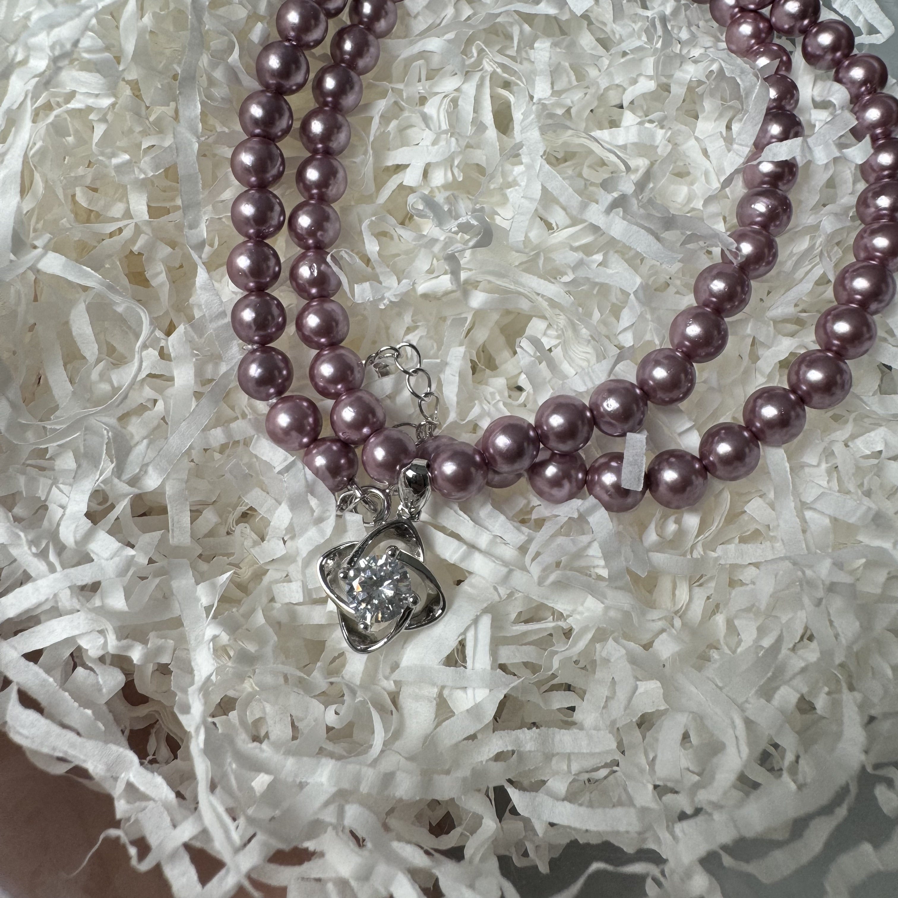 Purple Shell Pearl Necklace with Clover Pendant and Zirconia in 18K Gold Plated S925 Silver for Women