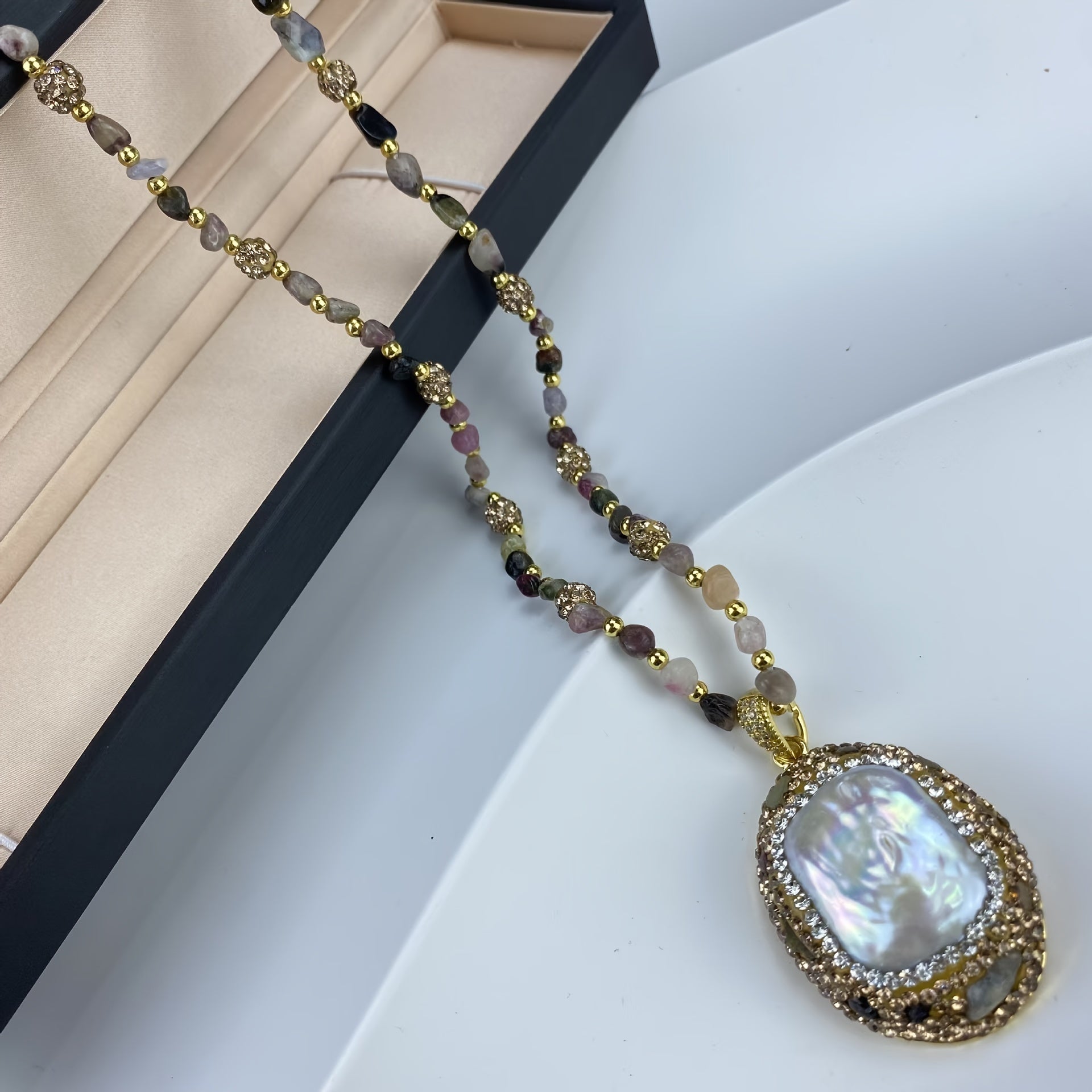 Vintage Bohemian Jewelry Set for Women 3-Piece Pearl and Tourmaline with 14K Gold Plating