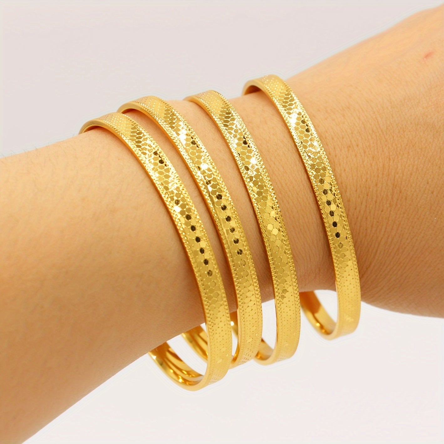 Set of 4 Vintage Copper Bangles for Women with Fish Scale Embossing Middle Eastern Fashion Cuff Jewelry