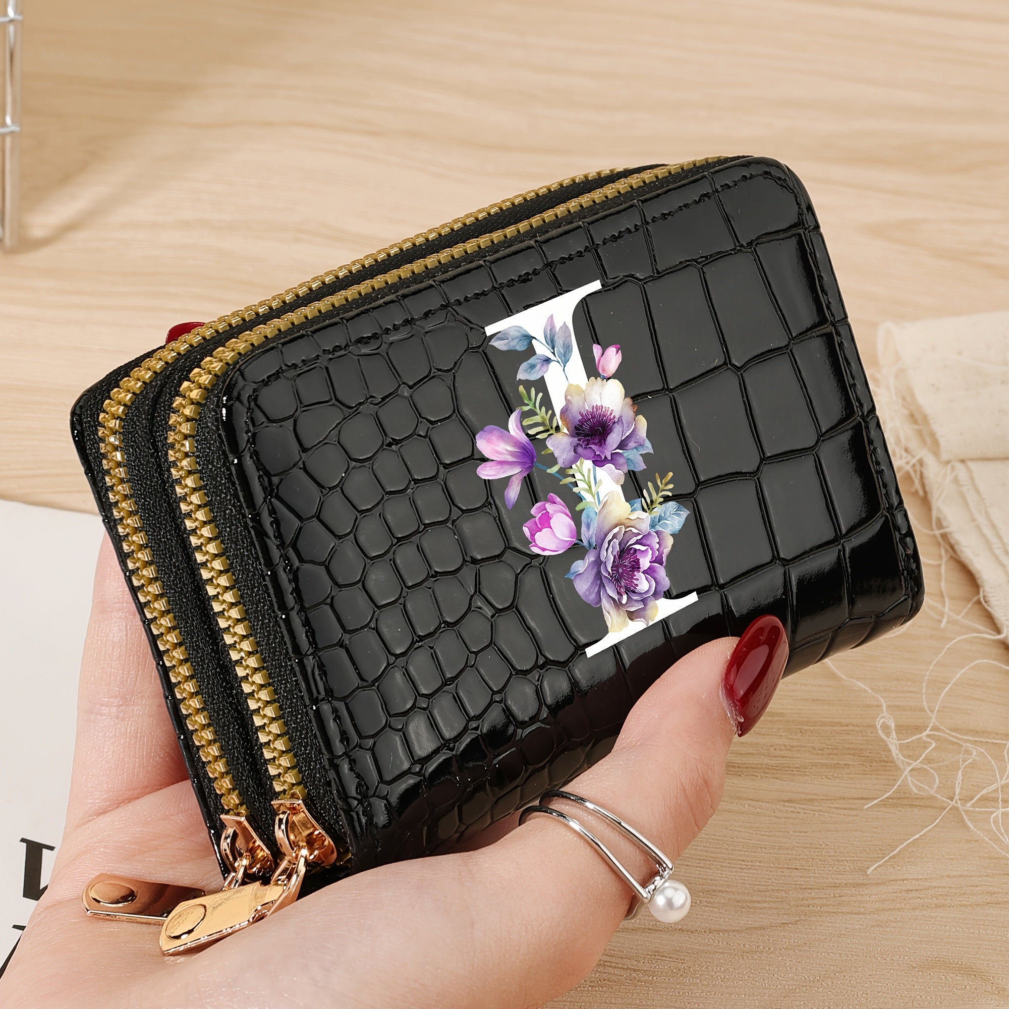 Minimalist Floral Credit Card Holder with Zipper Coin Purse for School and Back-to-School Supplies