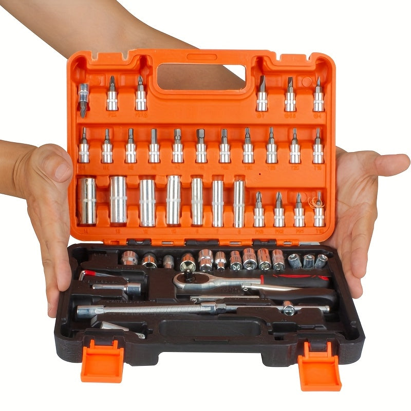 Portativ 53/46 dona Ratchet Socket Wrench to'plami, avtomobil va mototsikl texnik xizmat ko'rsatish uchun qutisi bilan.