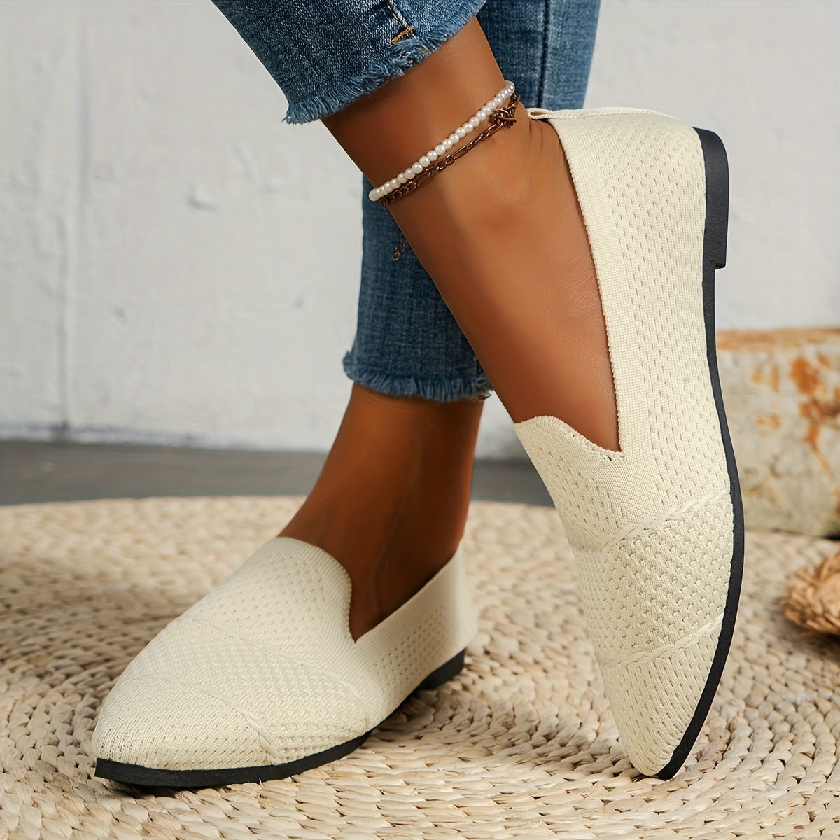 Women's Pink Slip-On Pointed Toe Flats Breathable Fabric All-Season Shoes