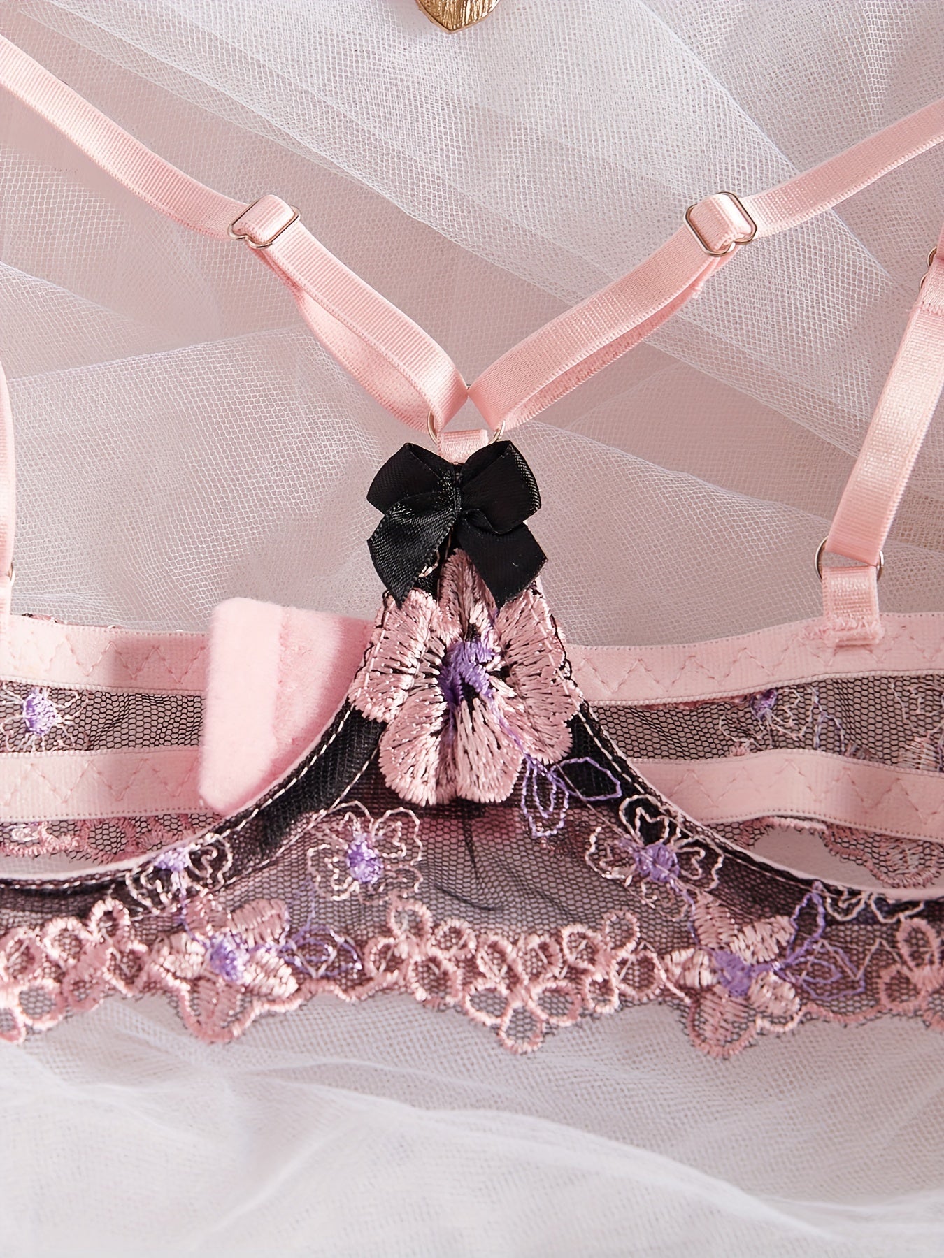 Women's Flower Pattern Lingerie Set with Spaghetti Straps Cupless Bra and Thong