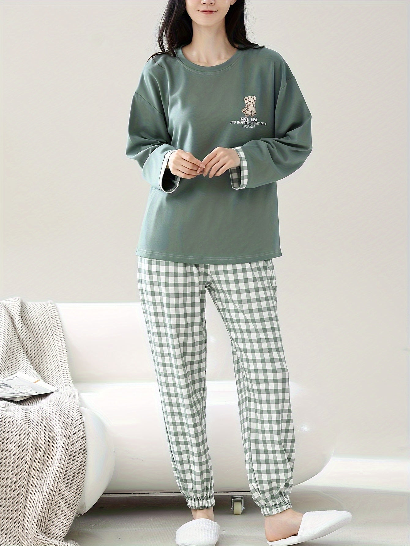 Women's Cotton Pajama Set with Cartoon Print Top and Checkered Pants for Spring Fall