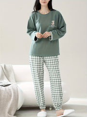Women's Cotton Pajama Set with Cartoon Print Top and Checkered Pants for Spring Fall