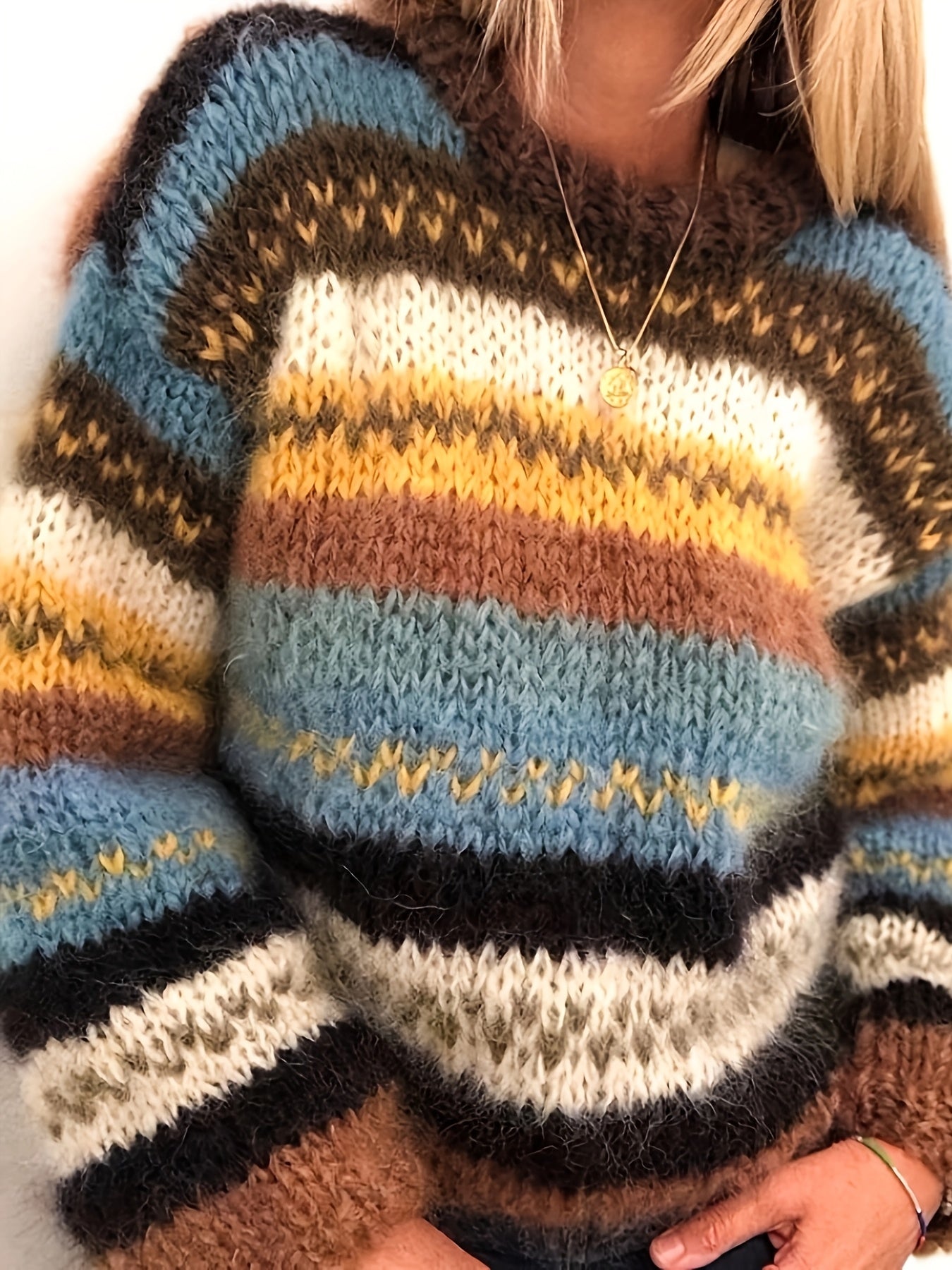 Plus Size Striped Acrylic Knit Sweater High Neck Pullover All Seasons