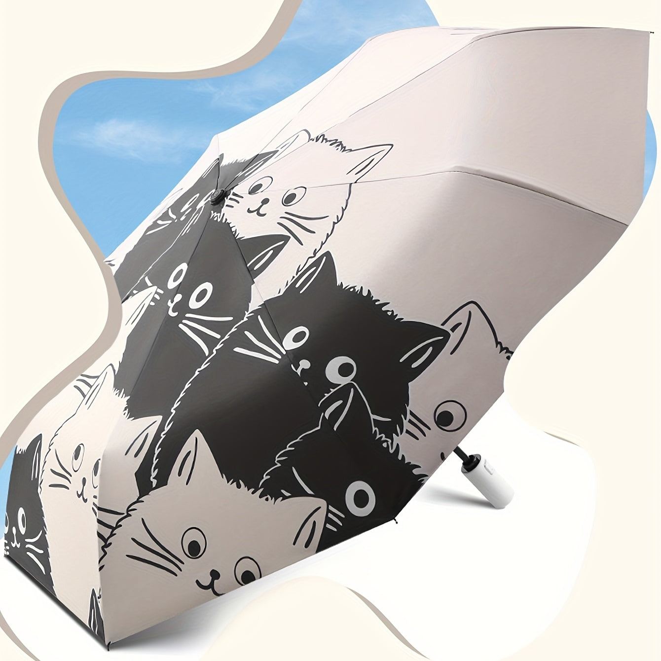 Cartoon Kittens Printed Automatic Umbrella UV Protection Black and White Reinforced Frame
