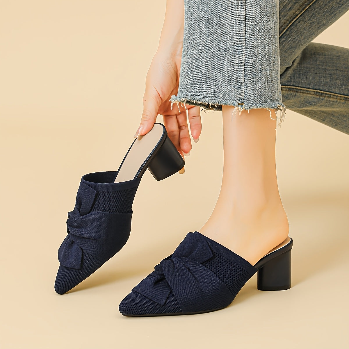 Women’s Pointed Toe Pumps Solid Color Fabric Slip-On Mid Heel Durable Sole