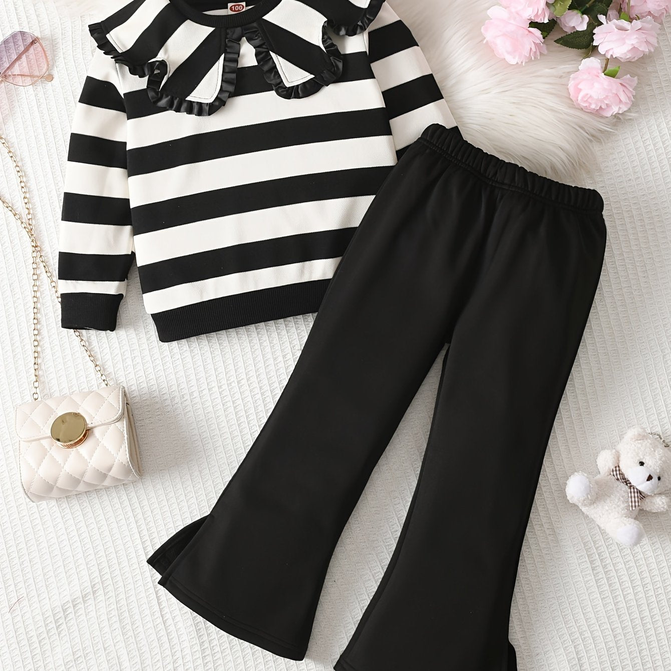 Girls' Casual Clothing Set with Striped Long Sleeve Top and Black Bell Bottom Pants for Fall Winter
