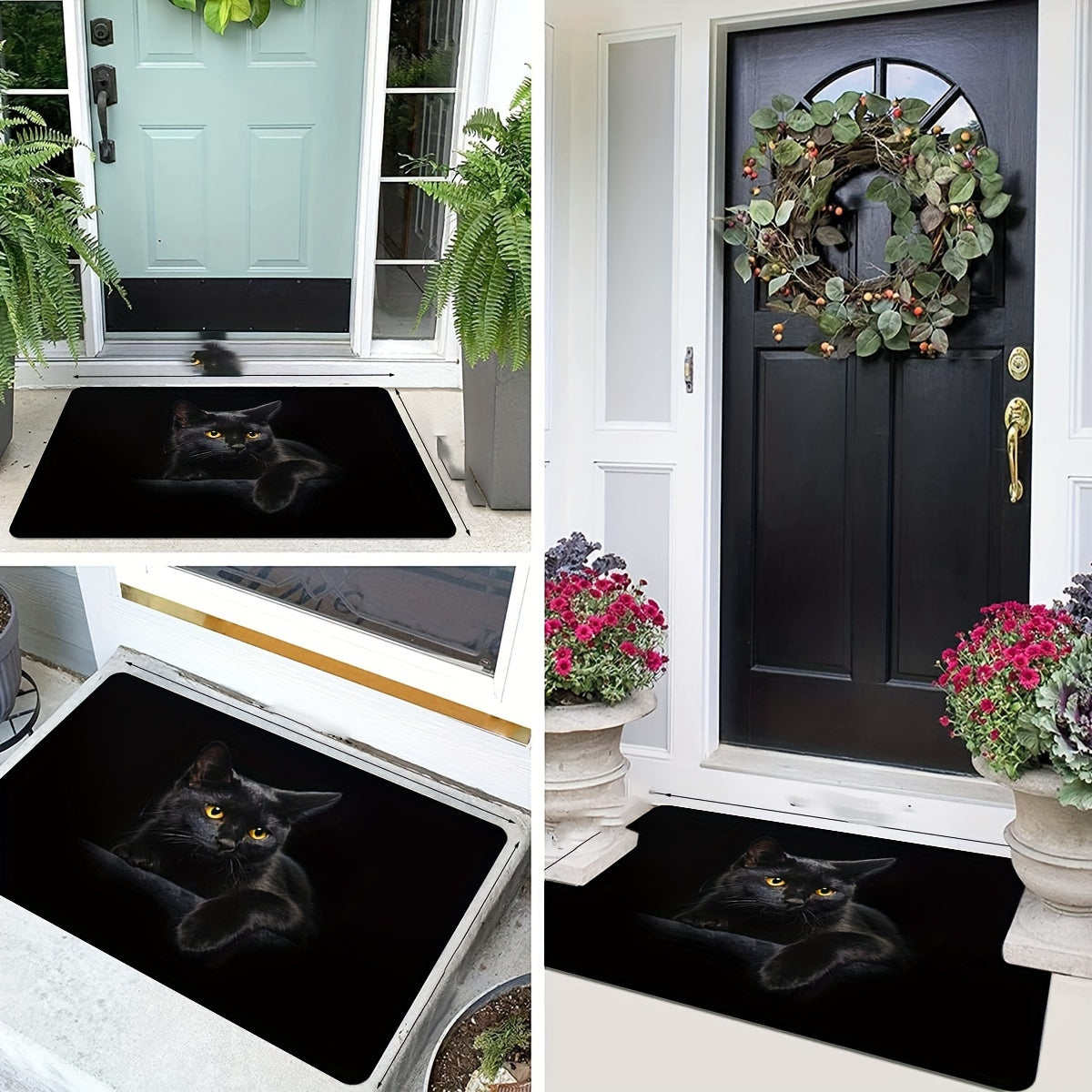 Black Cat Entrance Floor Mat Polyester Doormat Indoor Outdoor Non-Slip Stain Resistant