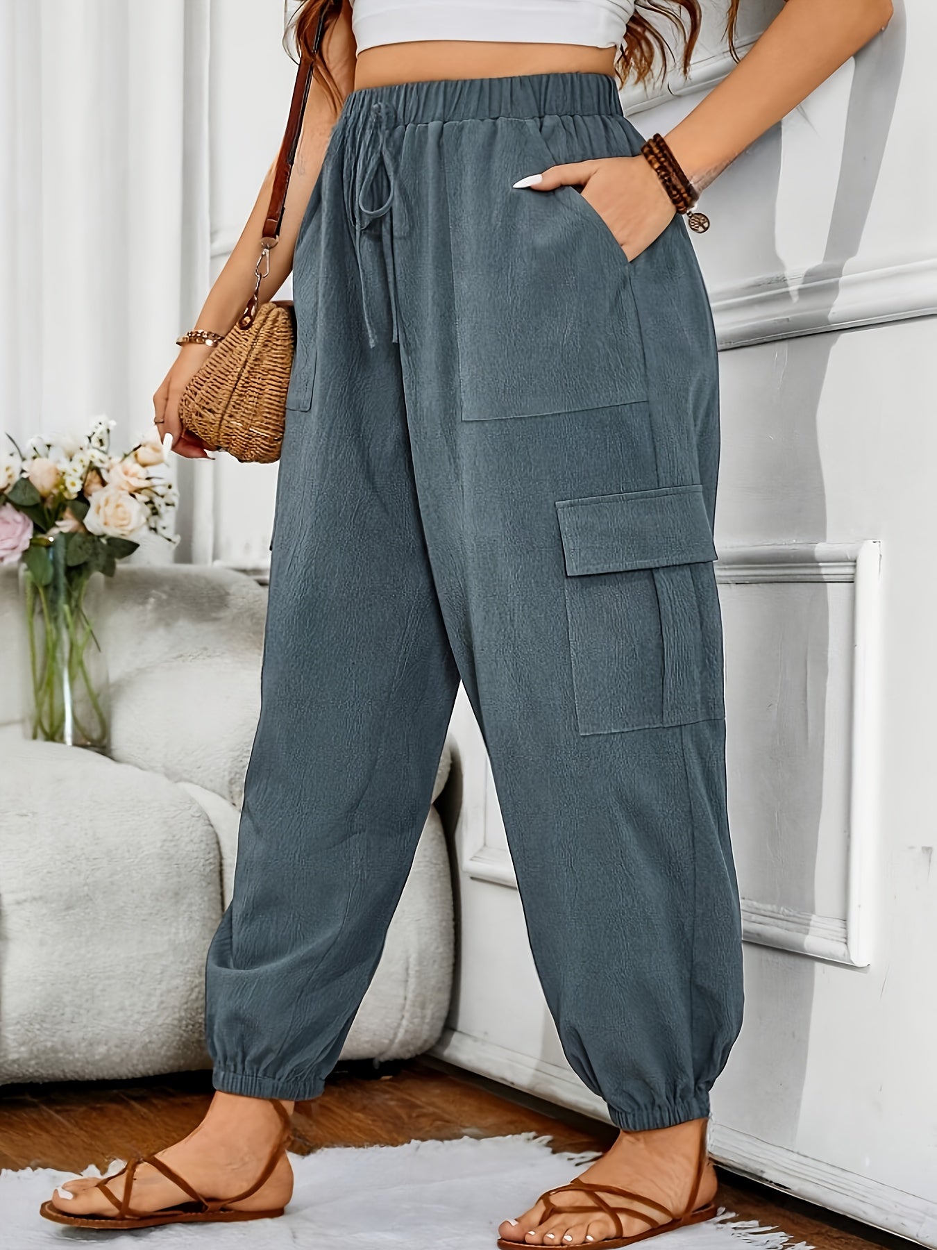 Pantalones jogger de talla grande para mujer gris oscuro, casuales y no elásticos, pantalones de descanso