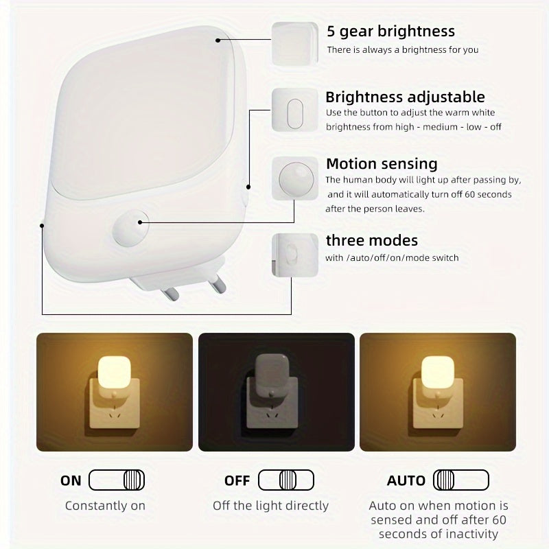 Motion Sensor Night Light with 3 Modes and 5 Brightness Levels for Kids' Rooms and Stairways