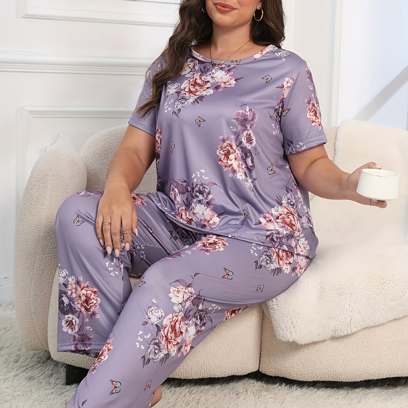 Plus Size Floral Knit Pajama Set with Short and Long Sleeves in Purple