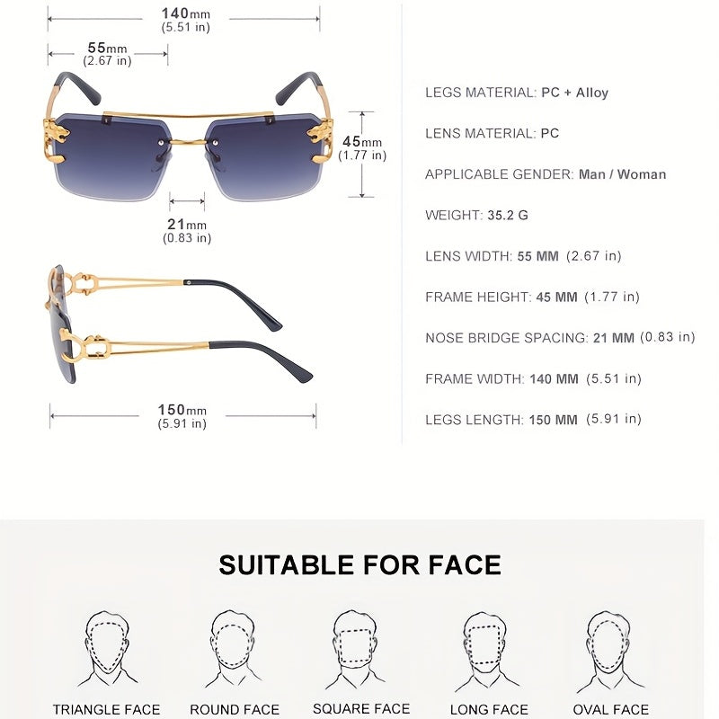 Unisex Rimless Double Bridge Square Metal Glasses with Gold Leopard Temples