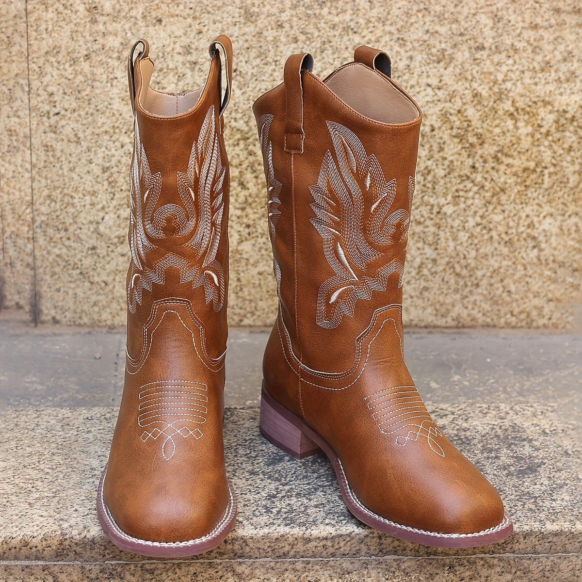 Женские коричневые ковбойские сапоги с вышивкой в западном стиле, до середины икры, с массивным каблуком
