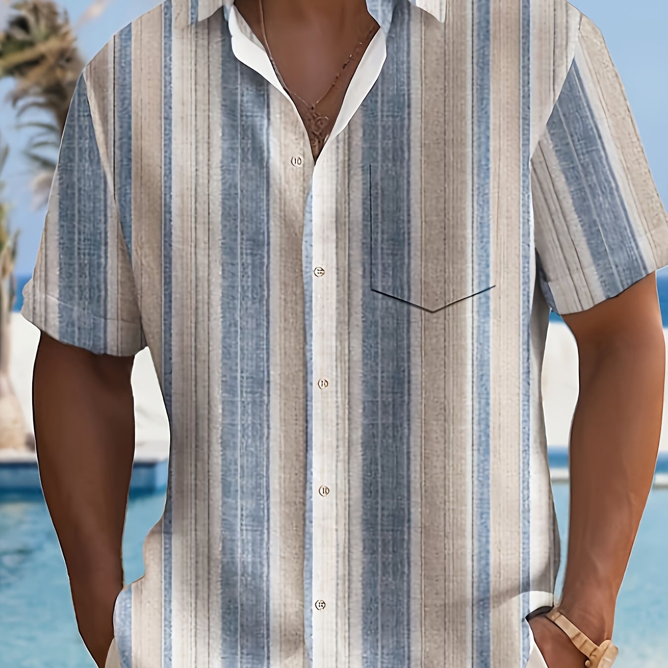 Erkaklar uchun tasodifiy chiziqli qisqa yengli ko'ylak 95% polyester va 5% spandeks aralashmasidan tayyorlangan, yozgi yengil yaka, to'qilgan mato, oddiy kesim va tugma tafsilotlari bilan, va mavjud bo'lgan