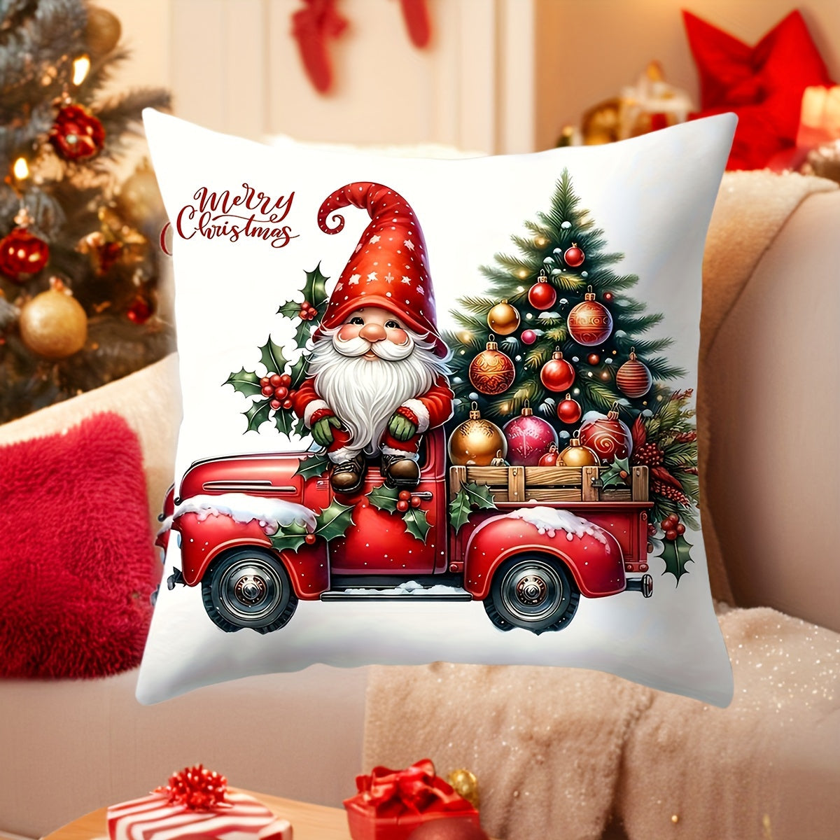 Christmas Gnome and Truck Throw Pillow Cover Zippered Polyester Living Room Decor