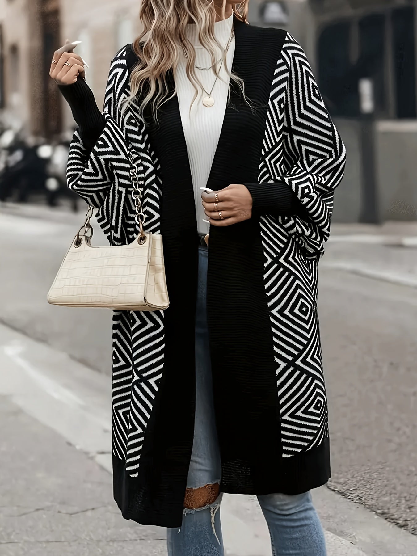 Plus Size Geometric Print Cardigan for Women Open Front Long Sleeve Knit Outwear