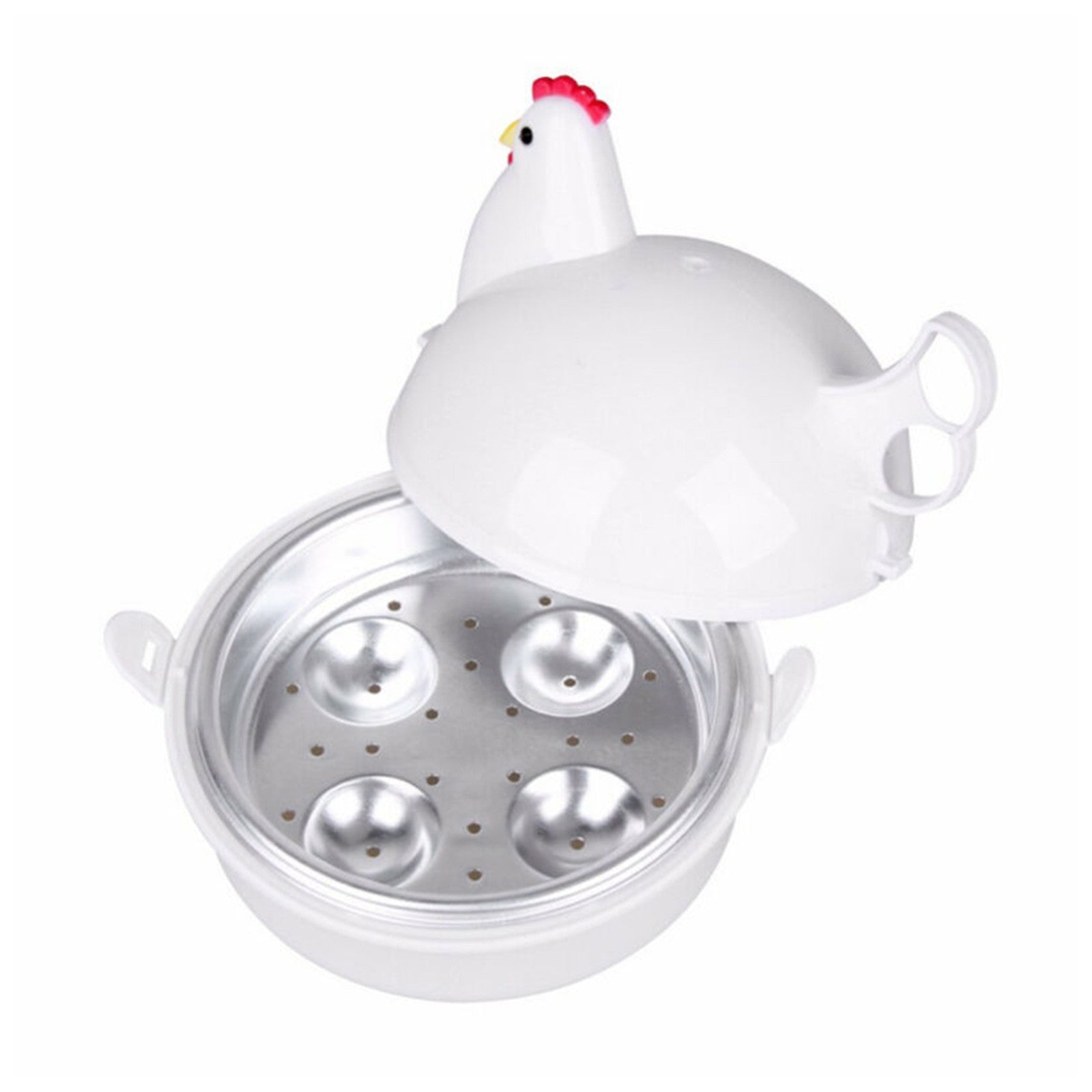 White Aluminum Alloy Egg Steamer with Chicken Shape, 4 Grids for Boiling and Steaming
