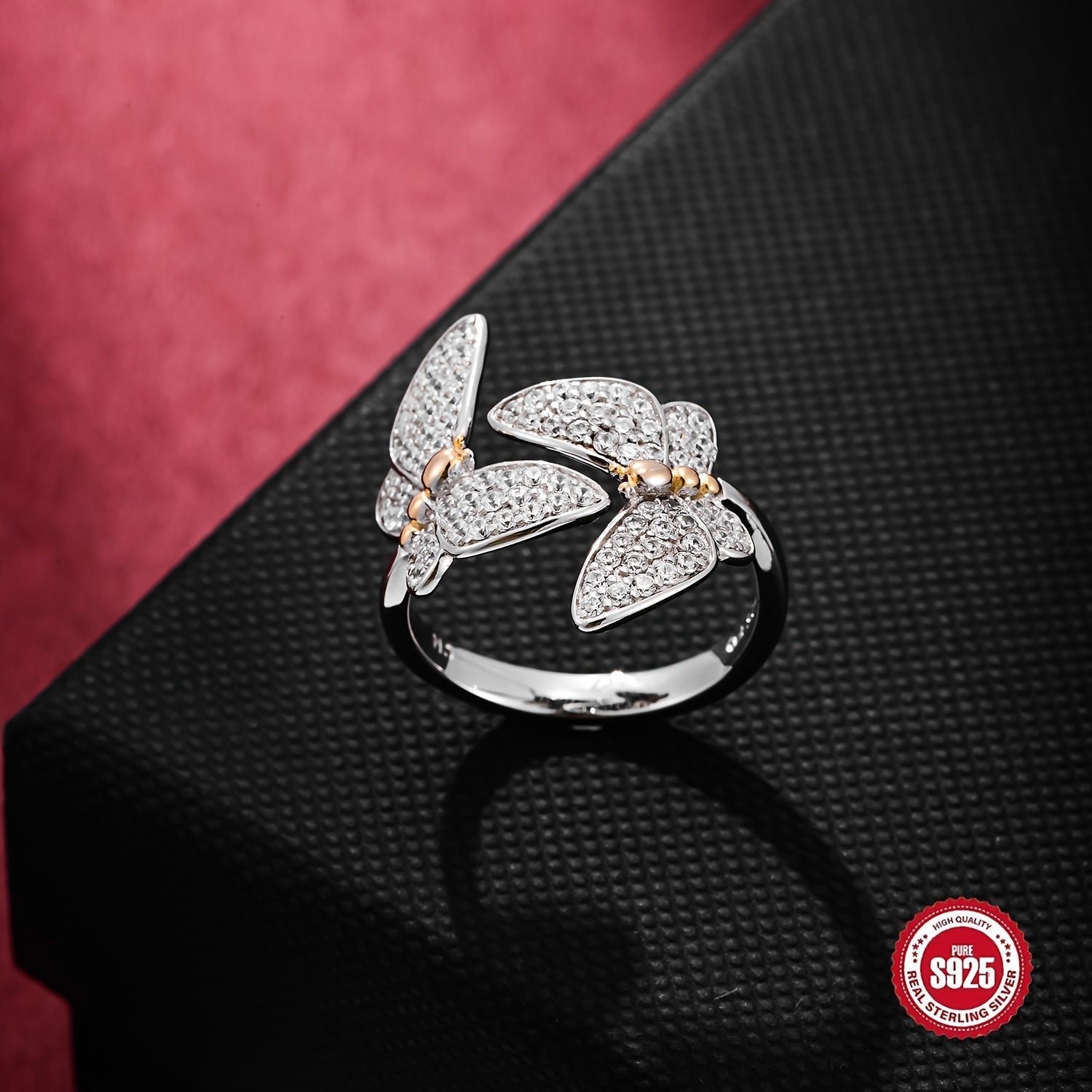 Ayollar uchun zirkoniy bilan kumush ikki karra kapalak uzuklar to'plami, sozlanadigan ochiq dizayn