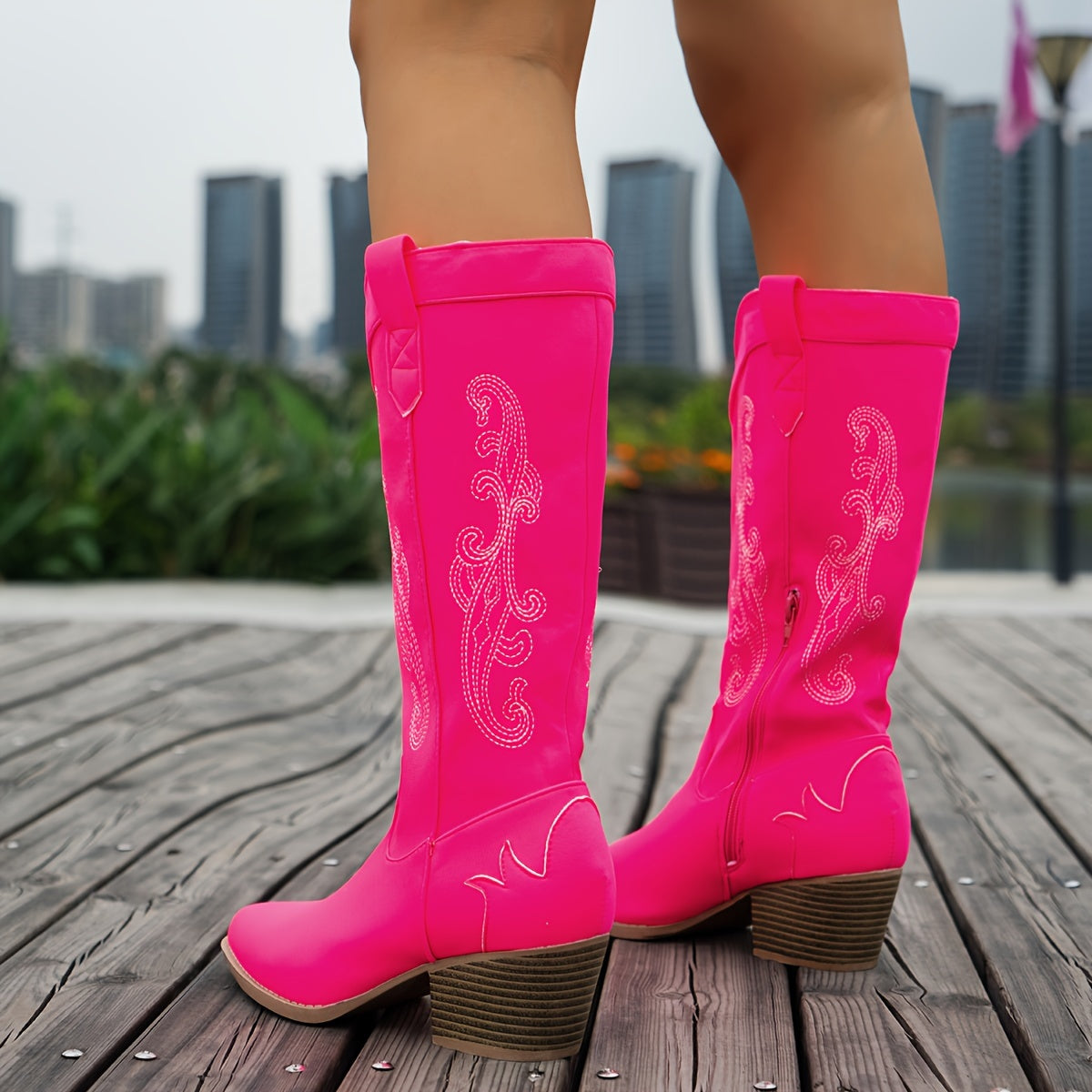 Women's Light Green Embroidered Cowboy Boots Pointed Toe Mid-Heel