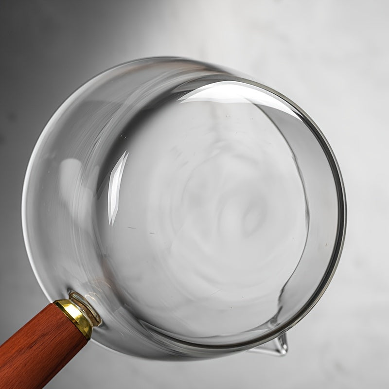 Borosilicate Glass Saucepan 690ml with Wooden Handle V-Shaped Spout Gas Stove Compatible