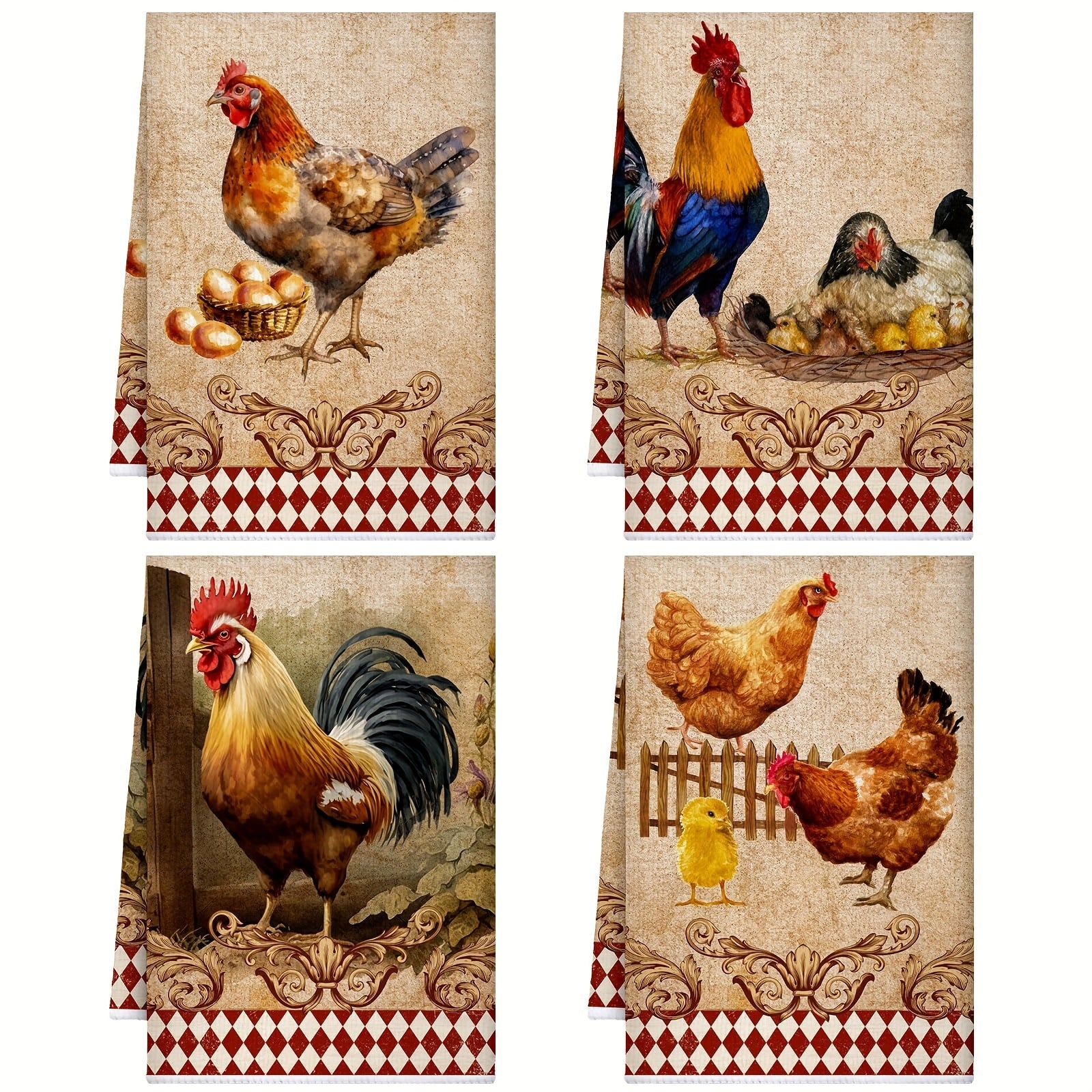 4pc Rustic Rooster Kitchen Hand Towels Polyester Dish Cloths Vintage Christmas Tea Towels