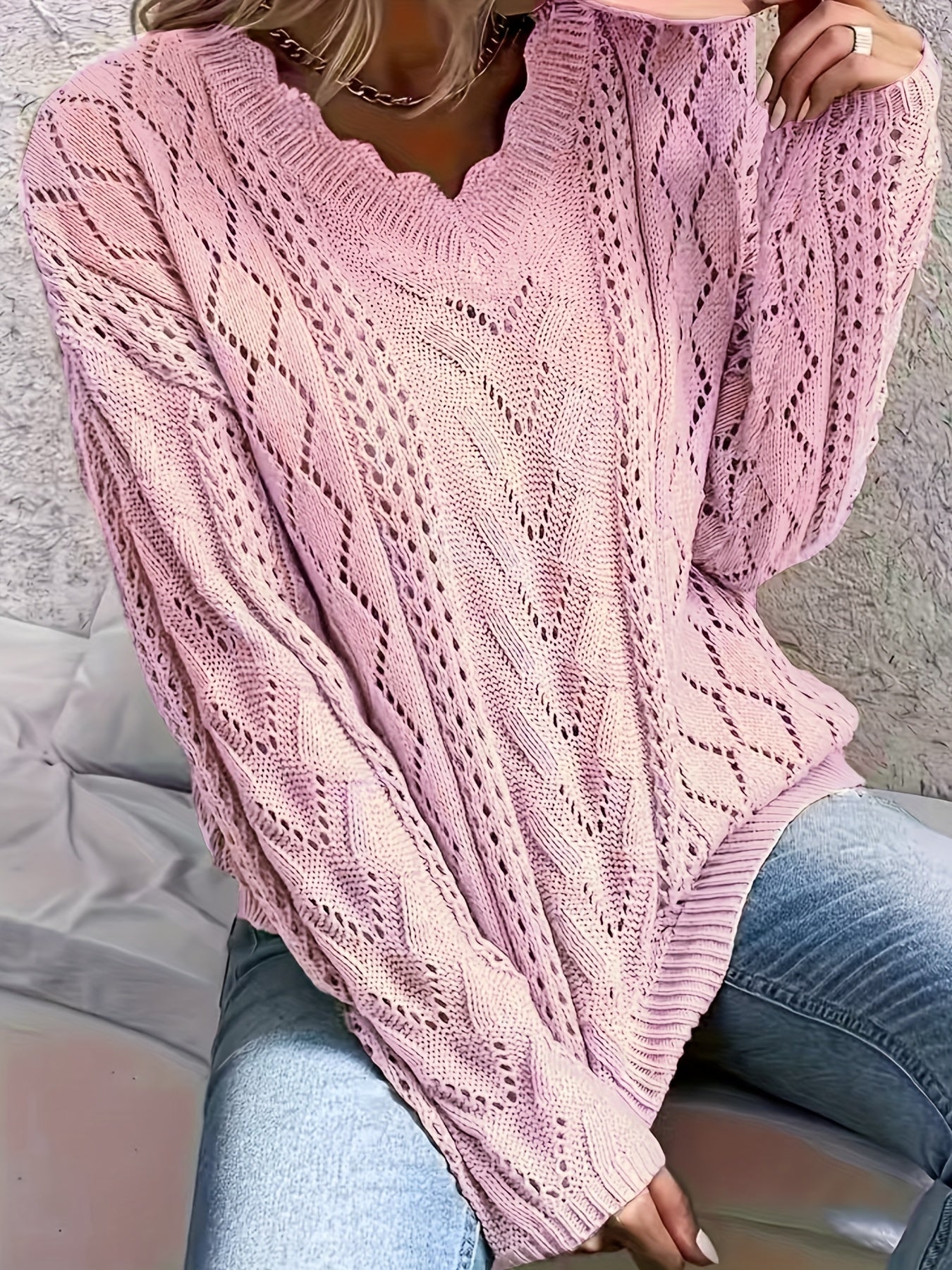 Plus Size Women's V-Neck Cardigan Long Sleeve Hollow-Out Light Pink Casual Sweater