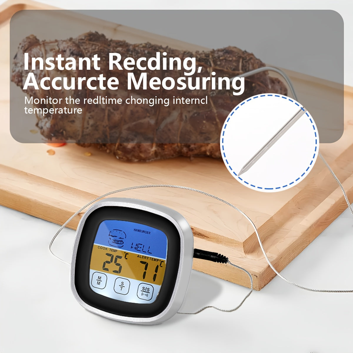 Digital Meat Thermometer with Large Touch Screen Stainless Steel Probe for BBQ Cooking Baking