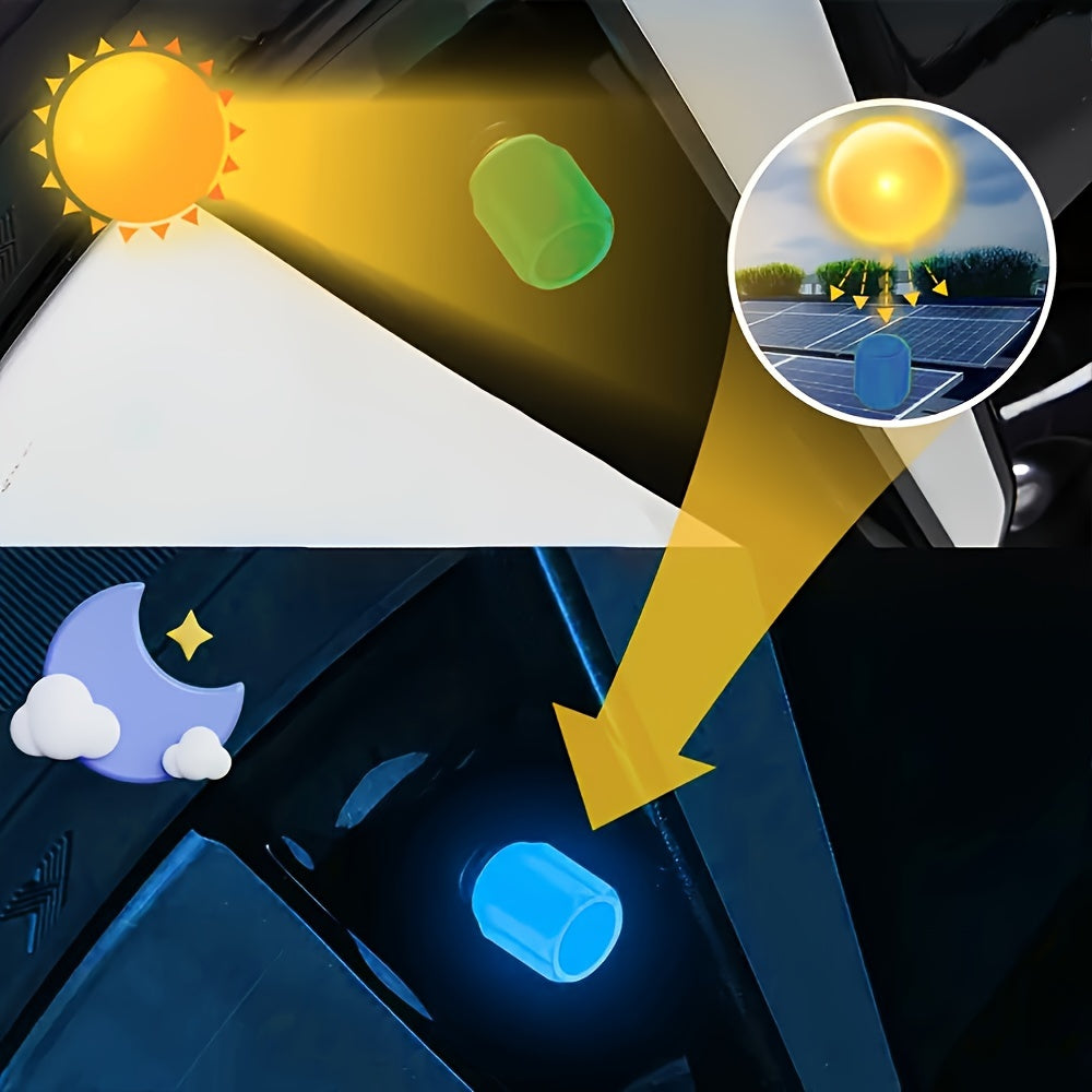 Juego de 4 tapas de válvula de neumático con luz que brilla en la oscuridad, cubiertas protectoras de plástico para vehículos