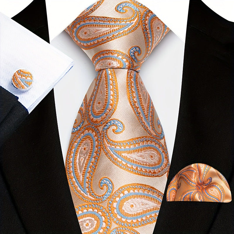 Men's Suit Set with Tie, Pocket Square and Cufflinks in Stripe and Paisley Design