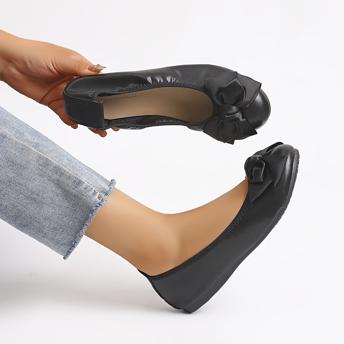 Women's Ballet Flats with Bow Detail Light Gray Slip-On Shoes All-Season