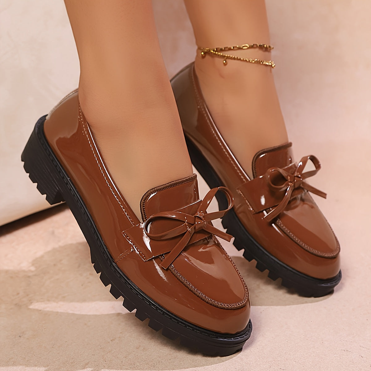 Women's Red Bow Oxford Loafers Glossy PU Slip-Resistant Comfort Sole