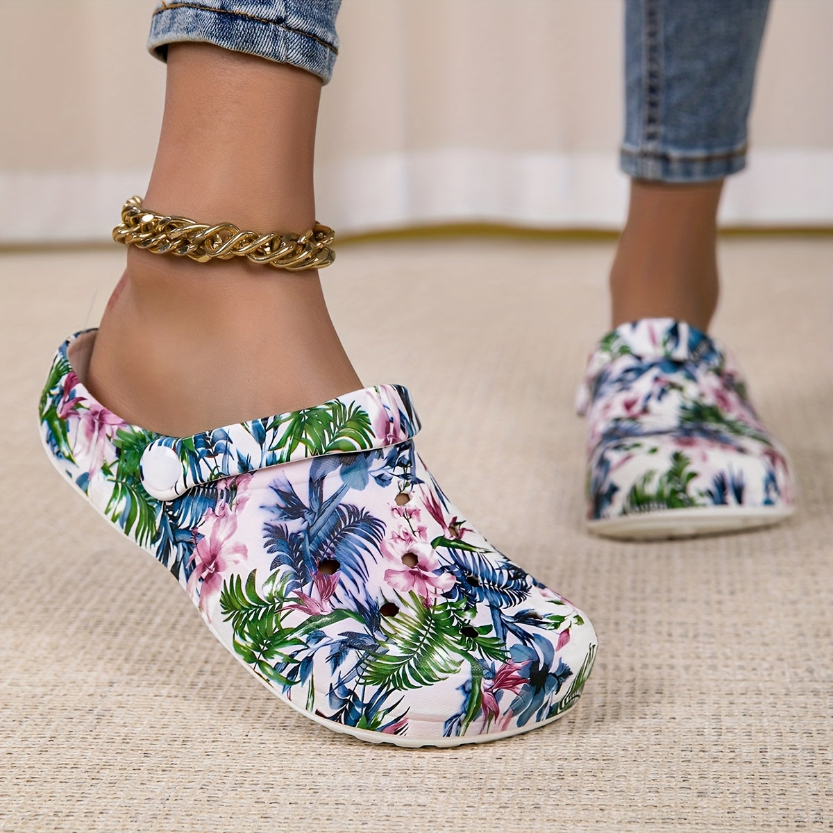 Women's Lightweight EVA Slip-On Shoes with Tropical Floral Print Blue Pink Green