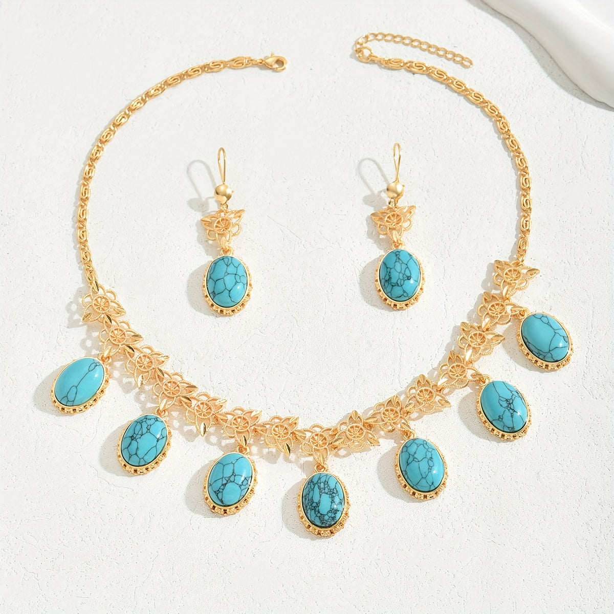 Elegant Bohemian Jewelry Set for Women with Multi-Pendant Stone Earrings and Necklace