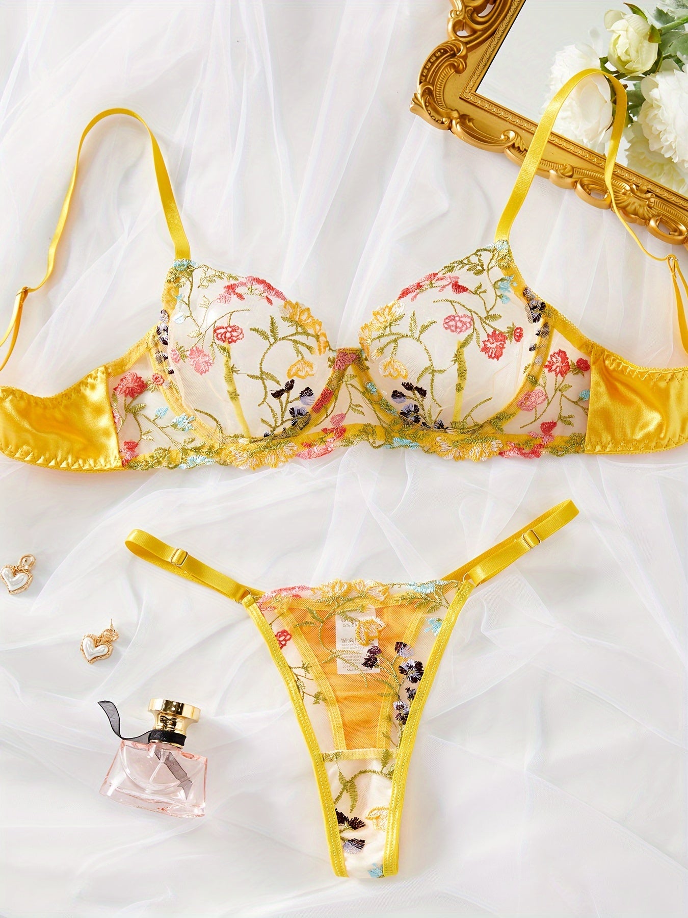 Yellow Semi-Sheer Mesh Lingerie Set with Floral Embroidery Bra and Thong