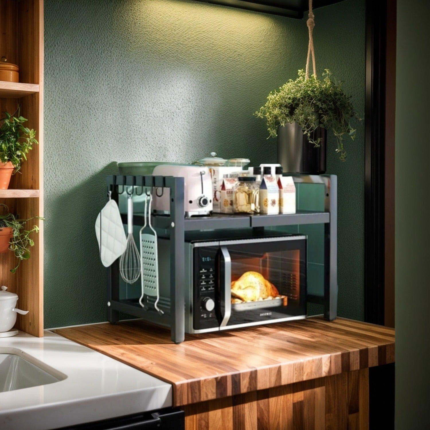 Soporte compacto para microondas de encimera en negro con dos niveles, 6 ganchos, metal duradero