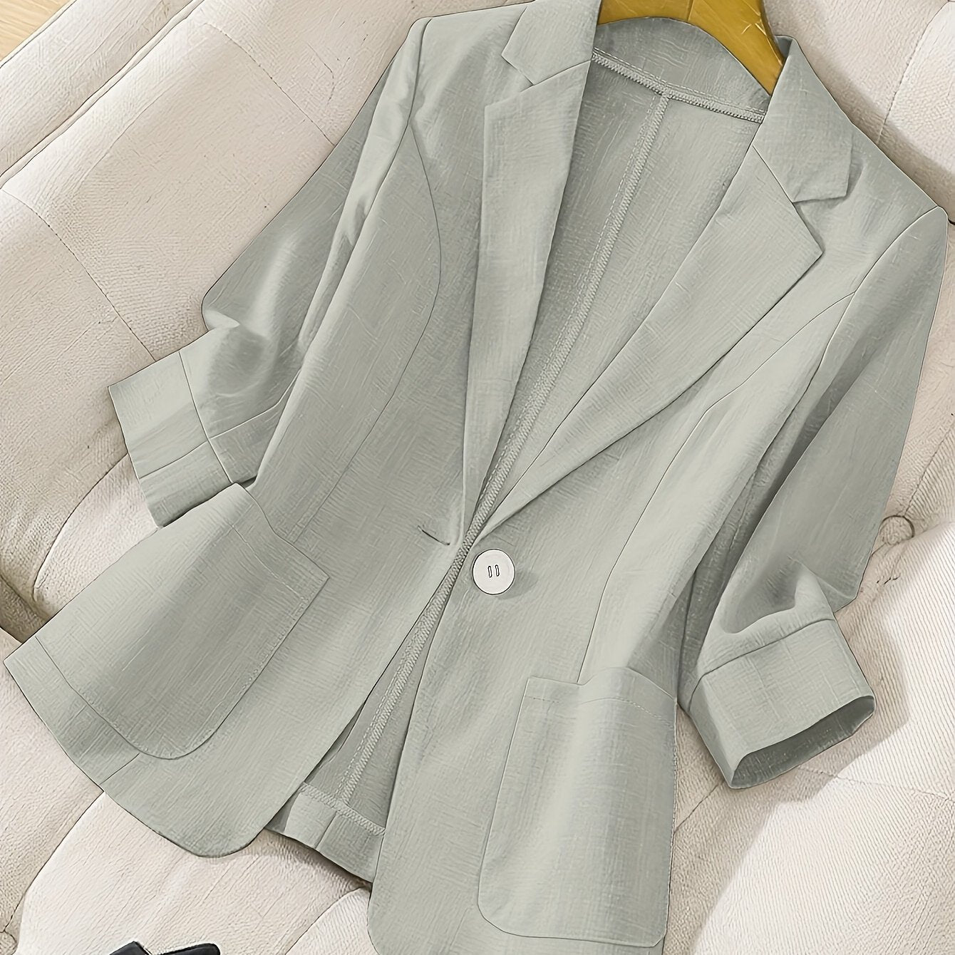 Women's Light Blue Blazer with Pockets Long Sleeve Notched Collar Polyester Spring Summer Office Casual