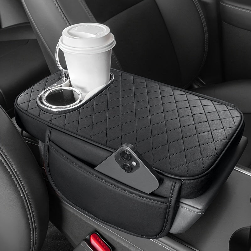 Universal Car Center Console Pad with Cup Holders and Pockets Leather