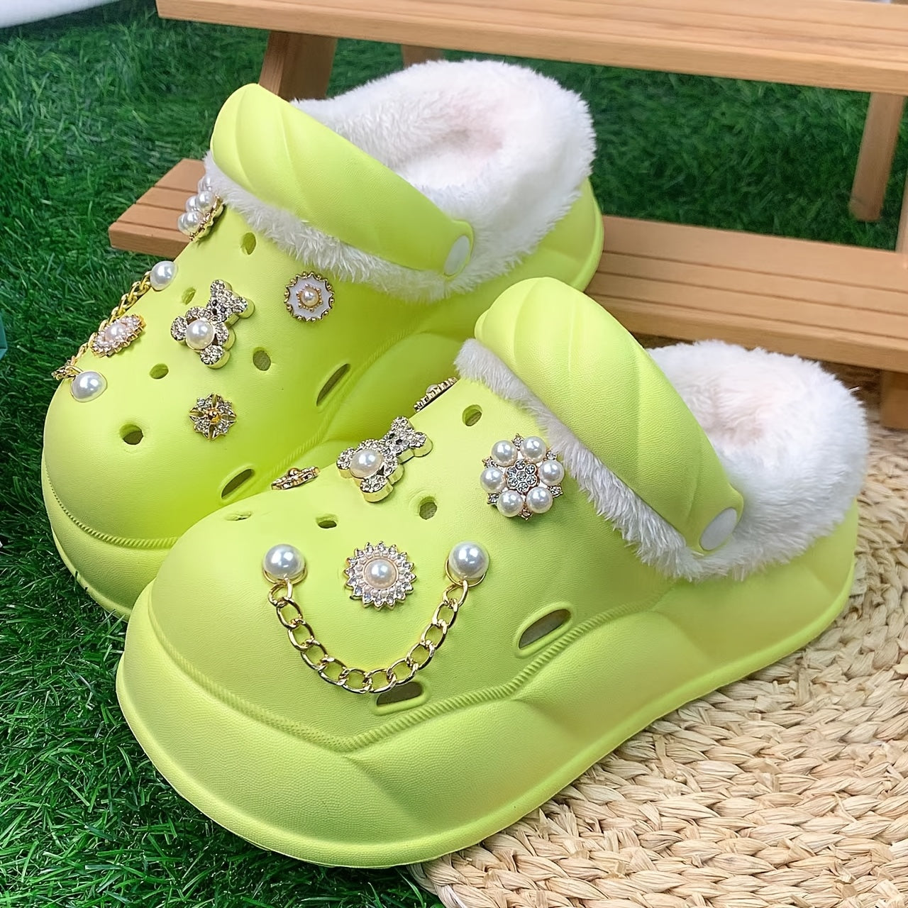 Women's Faux Fur-Lined EVA Slippers with Gold Bear and Floral Charms