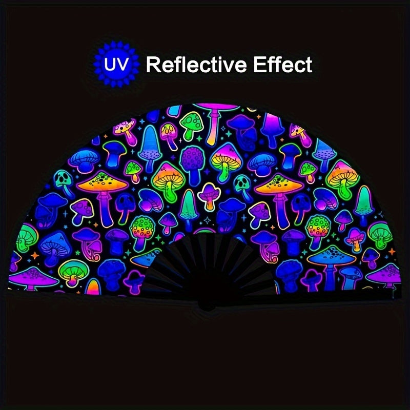 Neon Mushroom UV Glow Rave Folding Hand Fan Large 13-Inch Bamboo for Parties