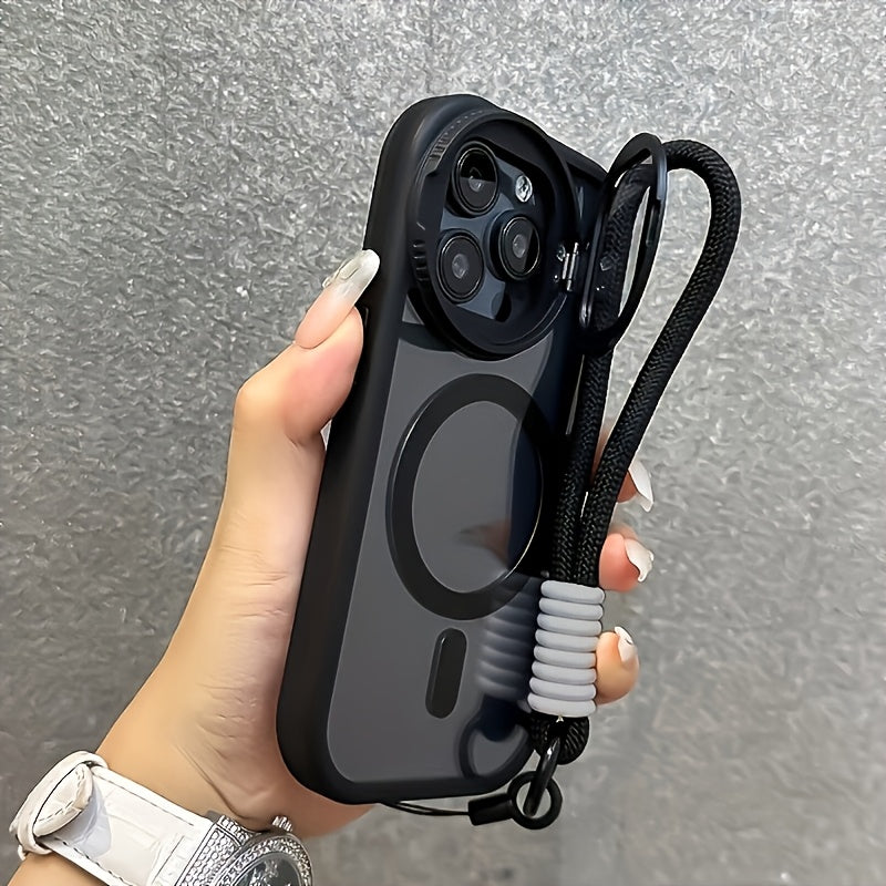 Shockproof Transparent Phone Case with Magnetic Folding Glass Frame and Lanyard for iPhone 16 15 14 Pro Max