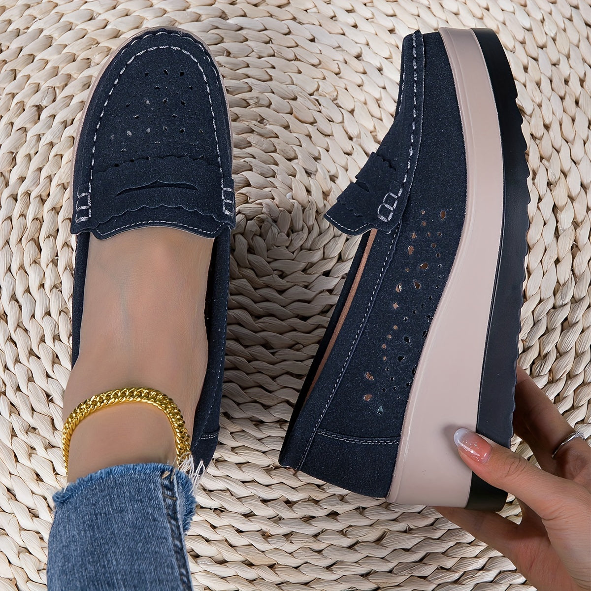 Women's Wedge Loafers Breathable Round Toe Slip-On Casual Shoes