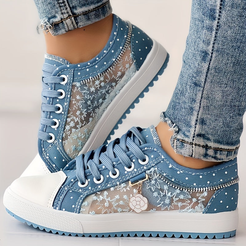 Women's Floral Mesh Synthetic Casual Sneakers Breathable Low-Top Lace-Up