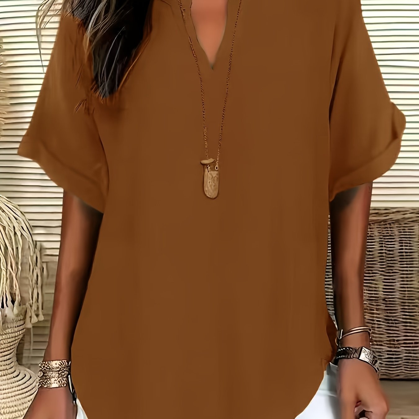 Plus Size Women's Short Sleeve Blouse Casual V-Neck Flared Hem All-Season Shirt