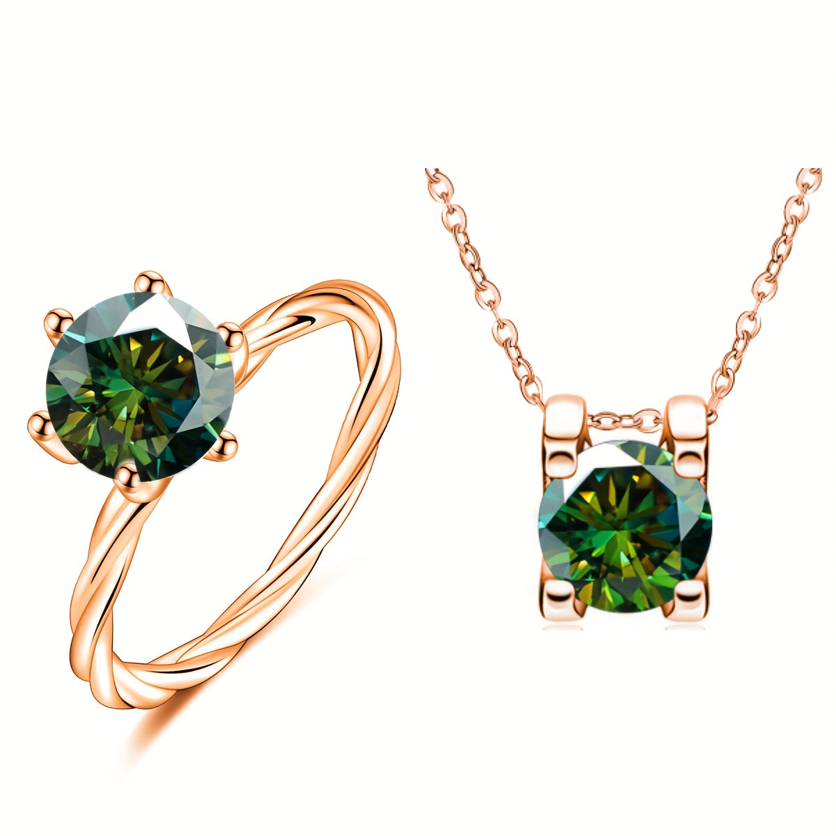 Turli ranglarda yuqori sifatli to'y aksessuarlaridan tanlang, jumladan, 2-dona 1-karat Moissanite uzuk va 1-karat Moissanite marjon, ikkalasi ham 925 sterling kumushdan tayyorlangan. Har bir mahsulot sertifikat va sovg'a qutisi bilan birga keladi.