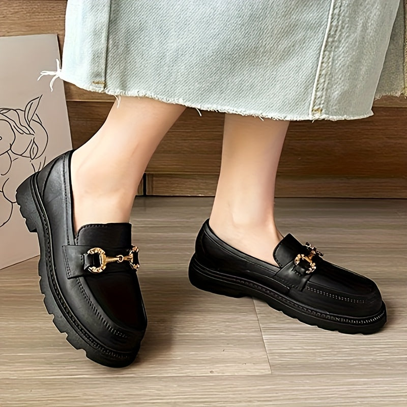 Women's Black Leather Loafers Slip-On Shoes with Metal Buckle